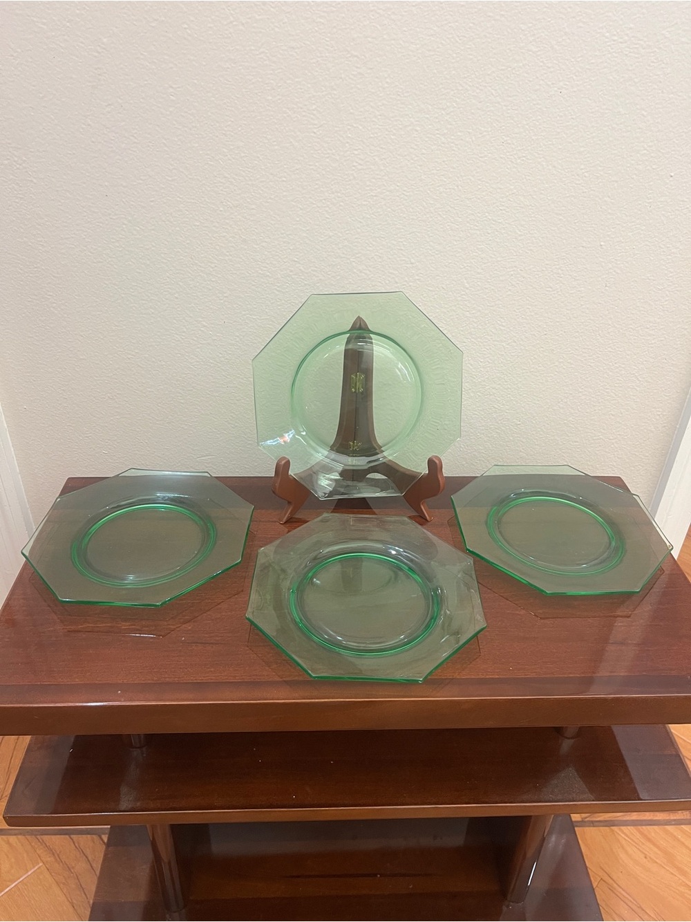 Vintage Green Octagonal Uranium Glass Salad Plates 8”  - Set of 4
